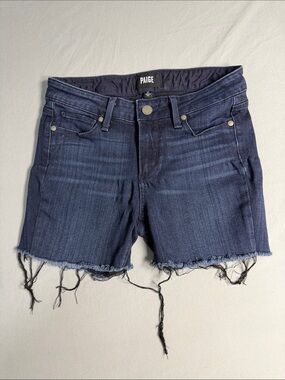 PAIGE Navy Blue Frayed Hem Boyfriend Denim Shorts